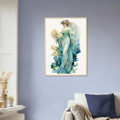 Framed painting of an ethereal woman in a flowing blue-green gown surrounded by floral elements.