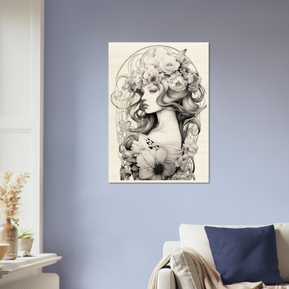 A black and white drawing of a woman with flowers in her hair, perfect for an Art Deco Flower Head Monochrome - Wood Prints wall art poster.