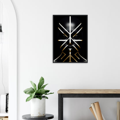 Abstract geometric artwork featuring illuminated lines forming a symmetrical pattern resembling stylized swords or blades.