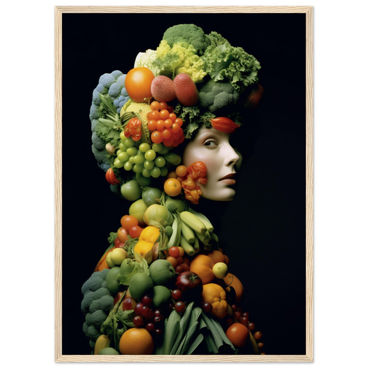 Artistic portrait composed entirely of colorful fruits and vegetables arranged to form a human silhouette against a dark background.