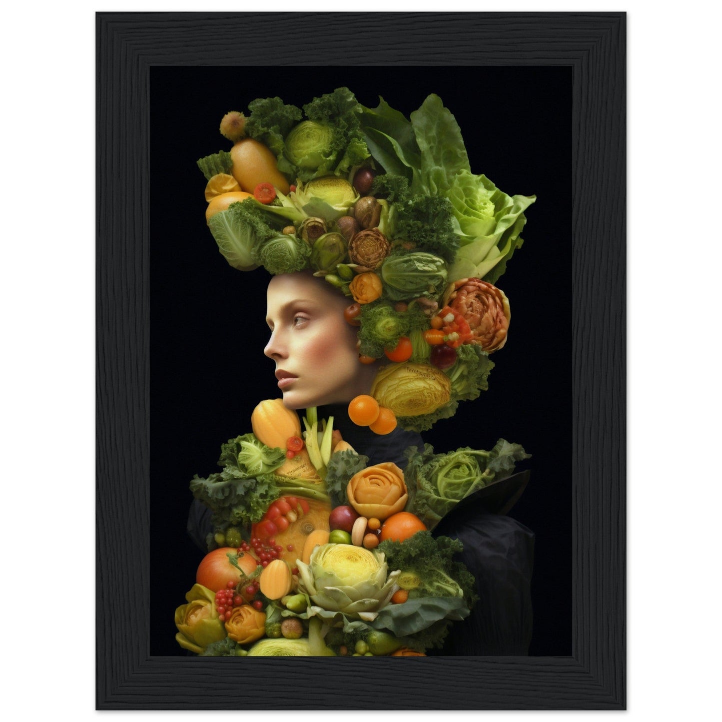 Portrait composed of vibrant fruits and vegetables arranged to form a human silhouette against a dark background.