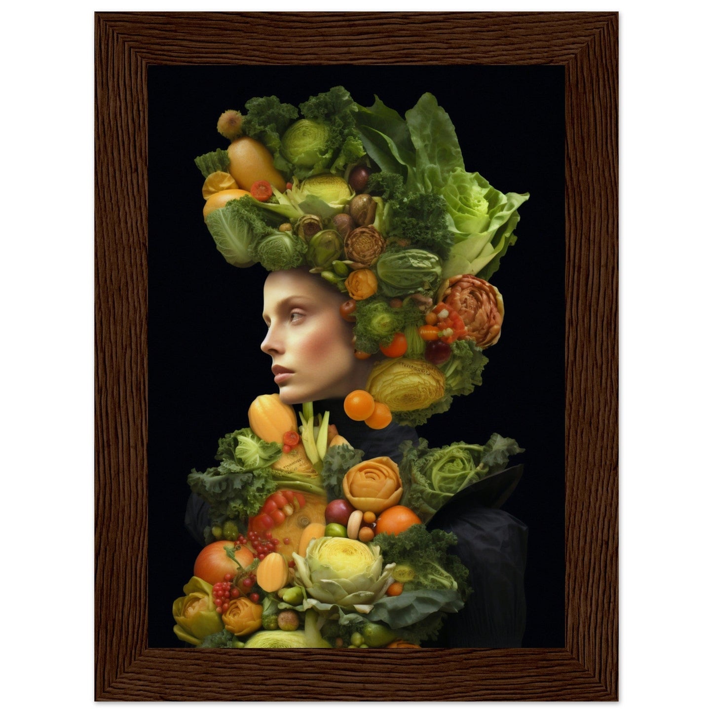 Portrait composed of vibrant fruits and vegetables arranged to form a person’s profile and upper body against a dark background.