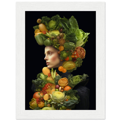 Portrait composed of vibrant fruits and vegetables arranged to form a profile silhouette against a dark background.