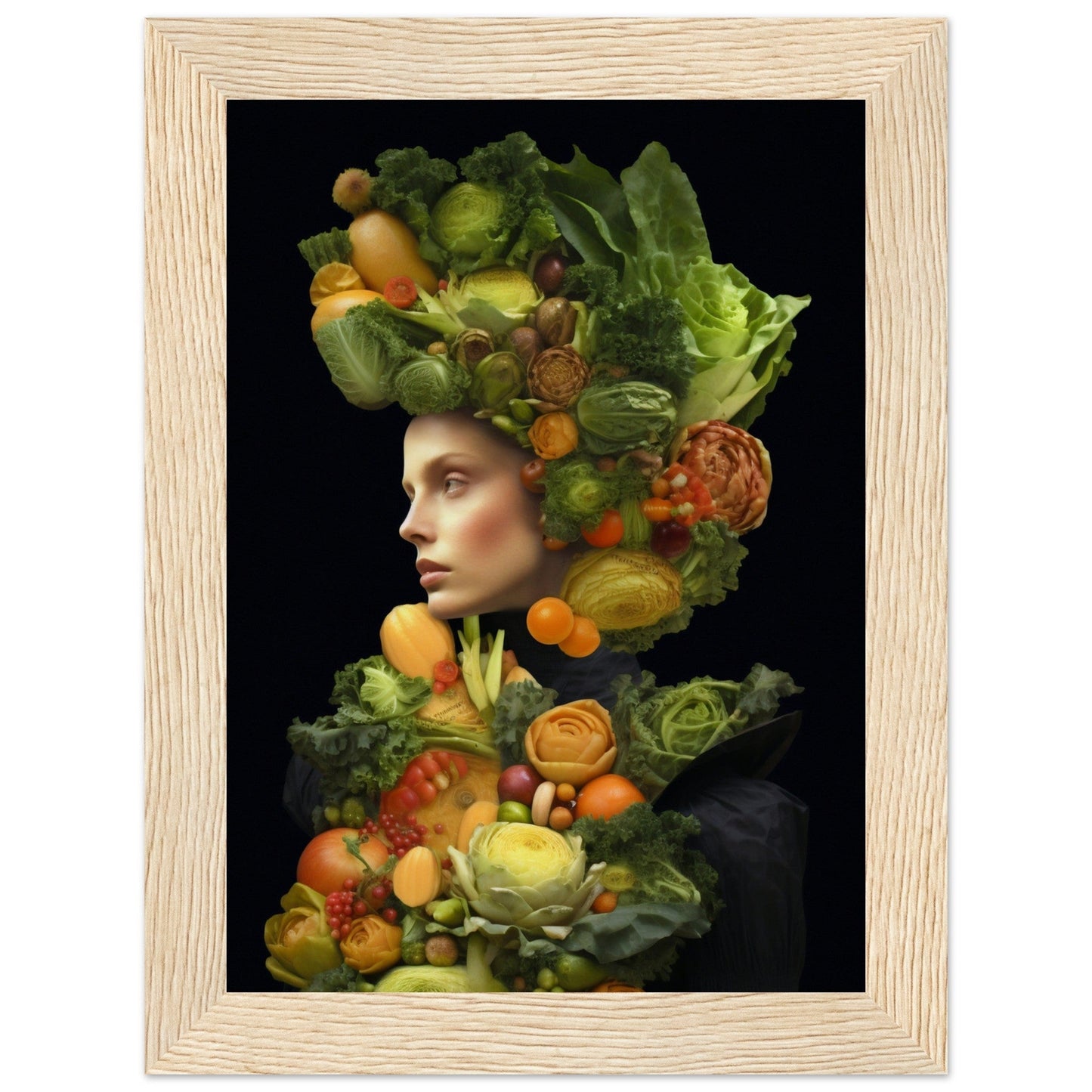 Portrait composed of vibrant fruits and vegetables arranged to form a human silhouette against a dark background.