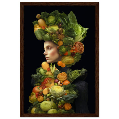 Portrait composed of vibrant fruits and vegetables arranged to form a human silhouette against a dark background.