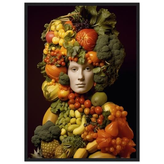 Surreal portrait composed of colorful fruits and vegetables arranged to form a human-like figure.