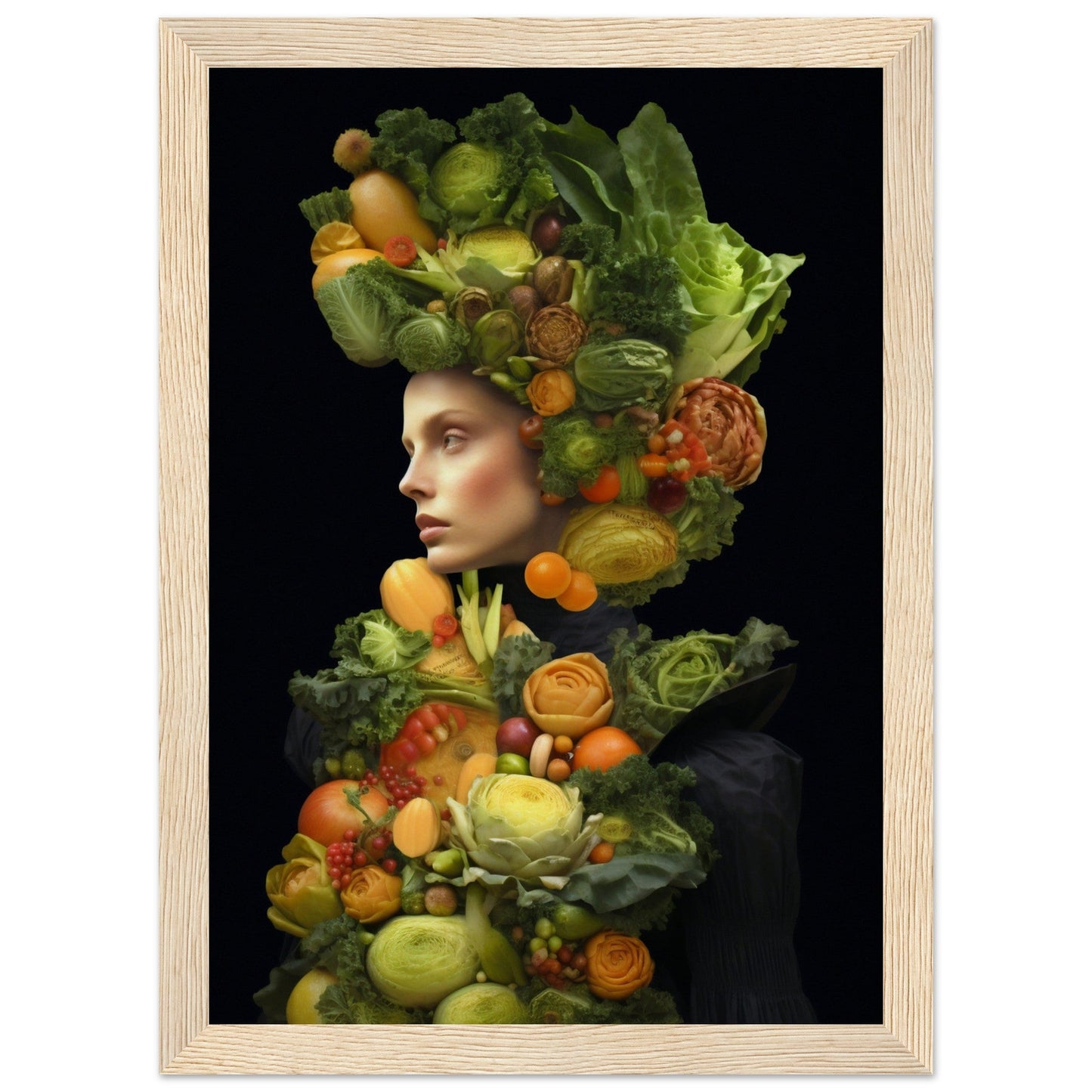 Portrait composed of vibrant fruits and vegetables forming a figure’s silhouette and headdress against a dark background.