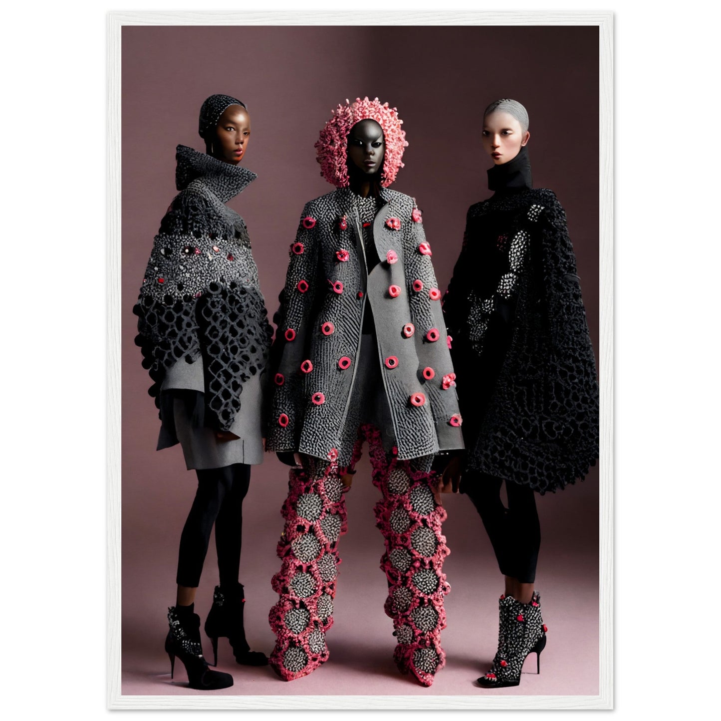 Three models are posing for high-quality Pinks And Greys Crochet Addicts The Oracle Windows™ Collection fashion wall art.