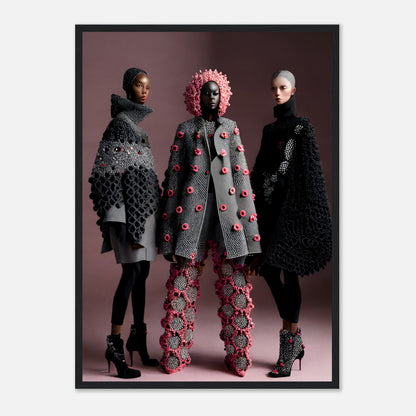 Three models are posing for high-quality Pinks And Greys Crochet Addicts The Oracle Windows™ Collection fashion wall art.