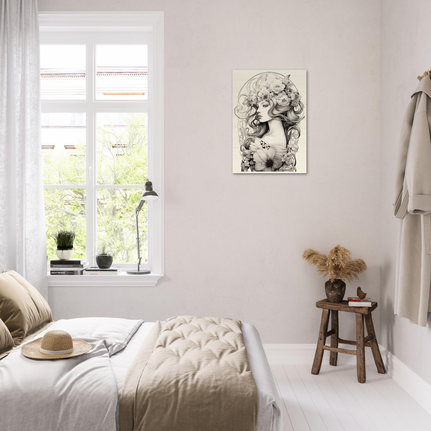 Bright, airy bedroom with minimalist decor and neutral color palette.