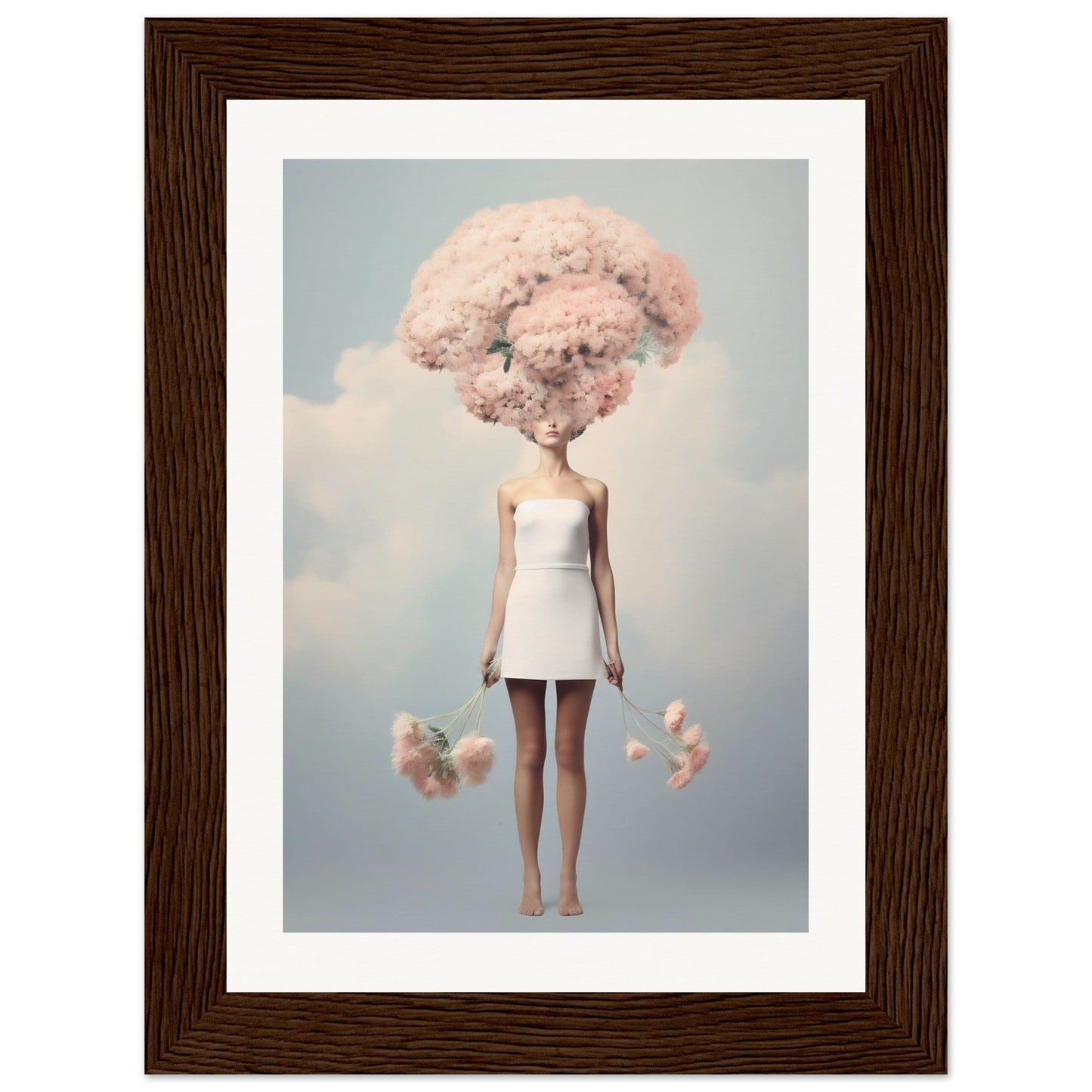 A surreal figure with cotton candy-like hair and body wearing a white dress.