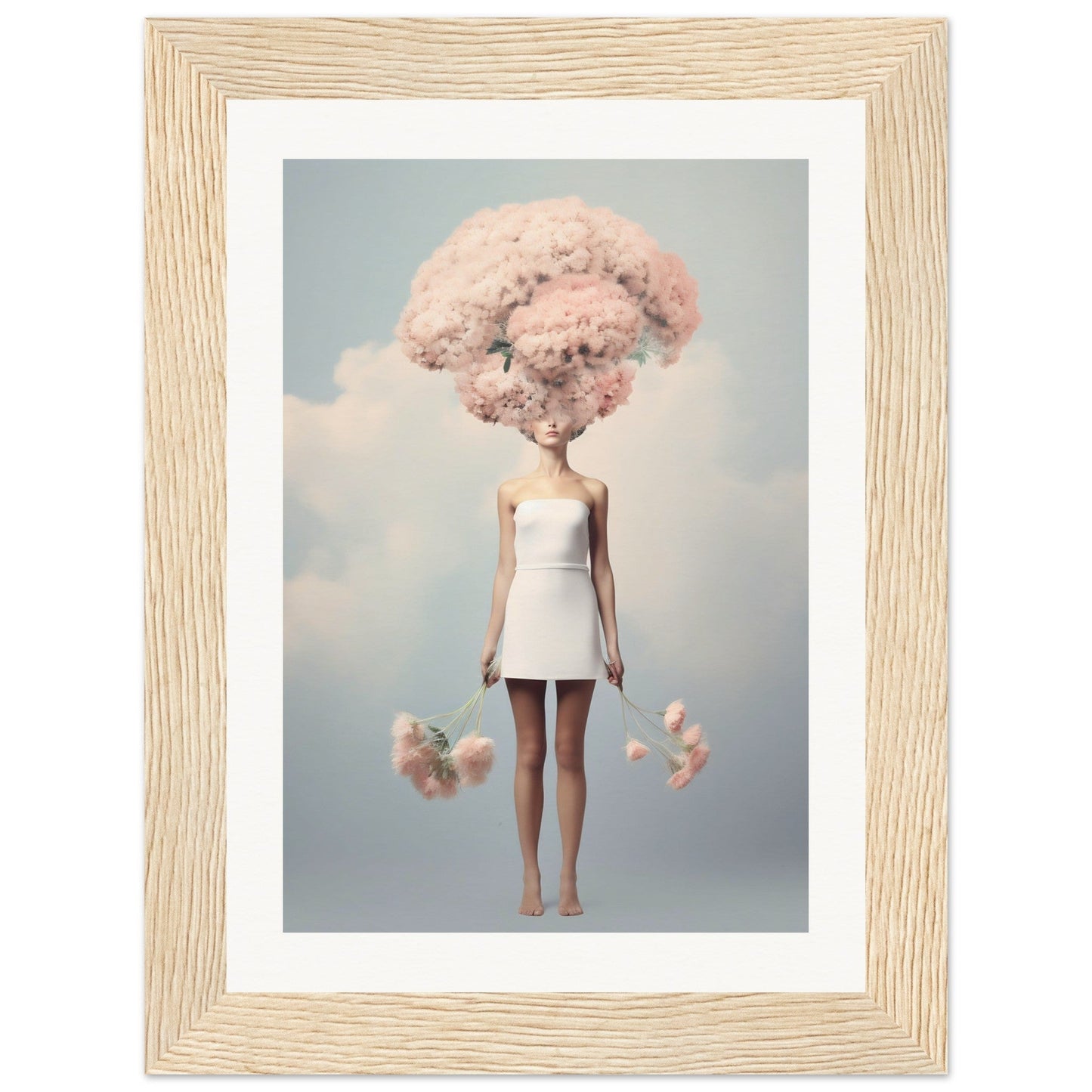 Surreal figure with cotton candy-like pink hair wearing a white mini dress.