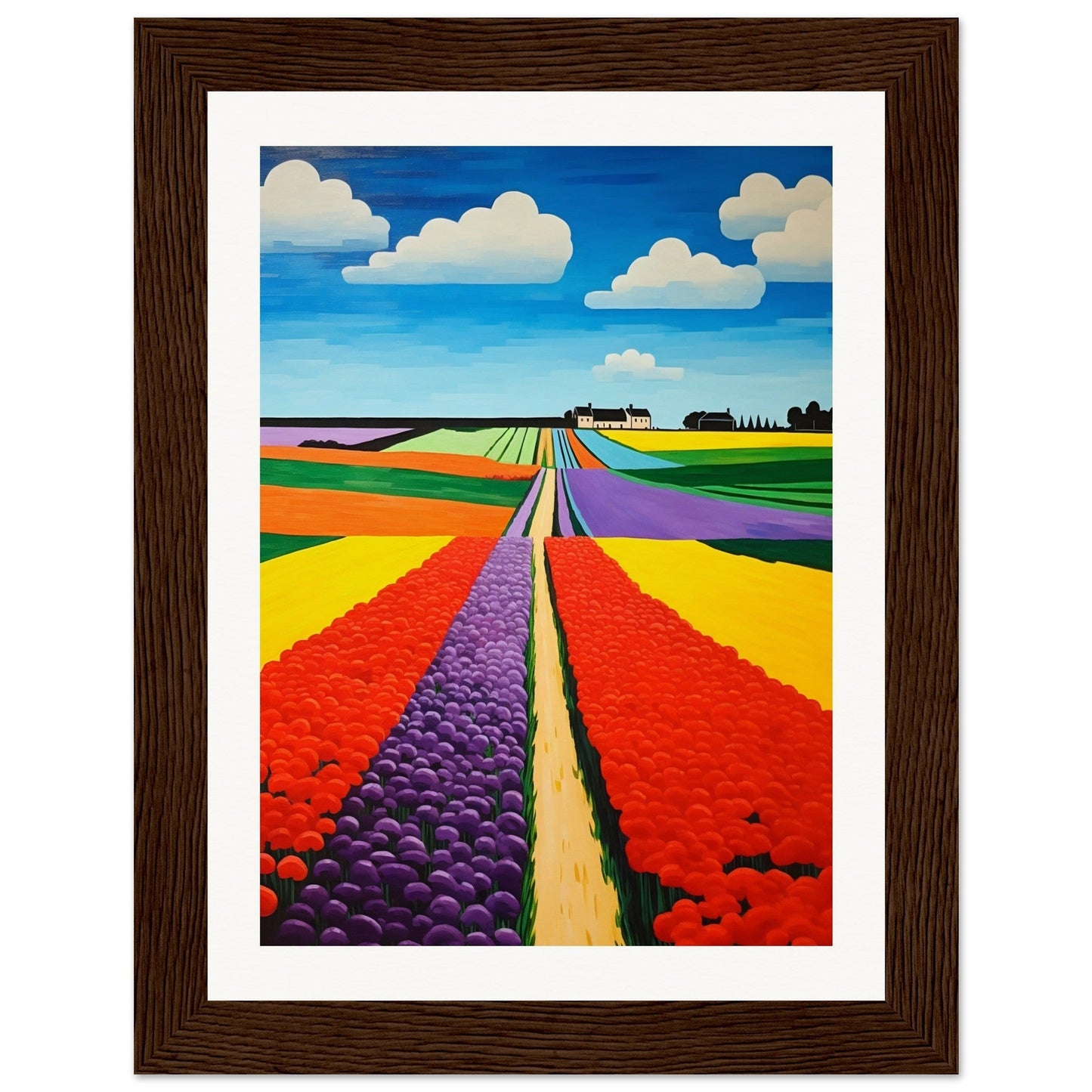 Colorful painting of flower fields stretching to the horizon.