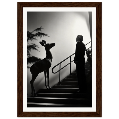 Silhouette of a person standing on stairs next to a deer-like animal.