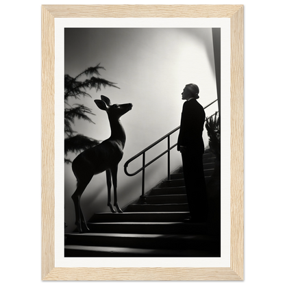 Silhouette of a person and a deer standing on stairs.