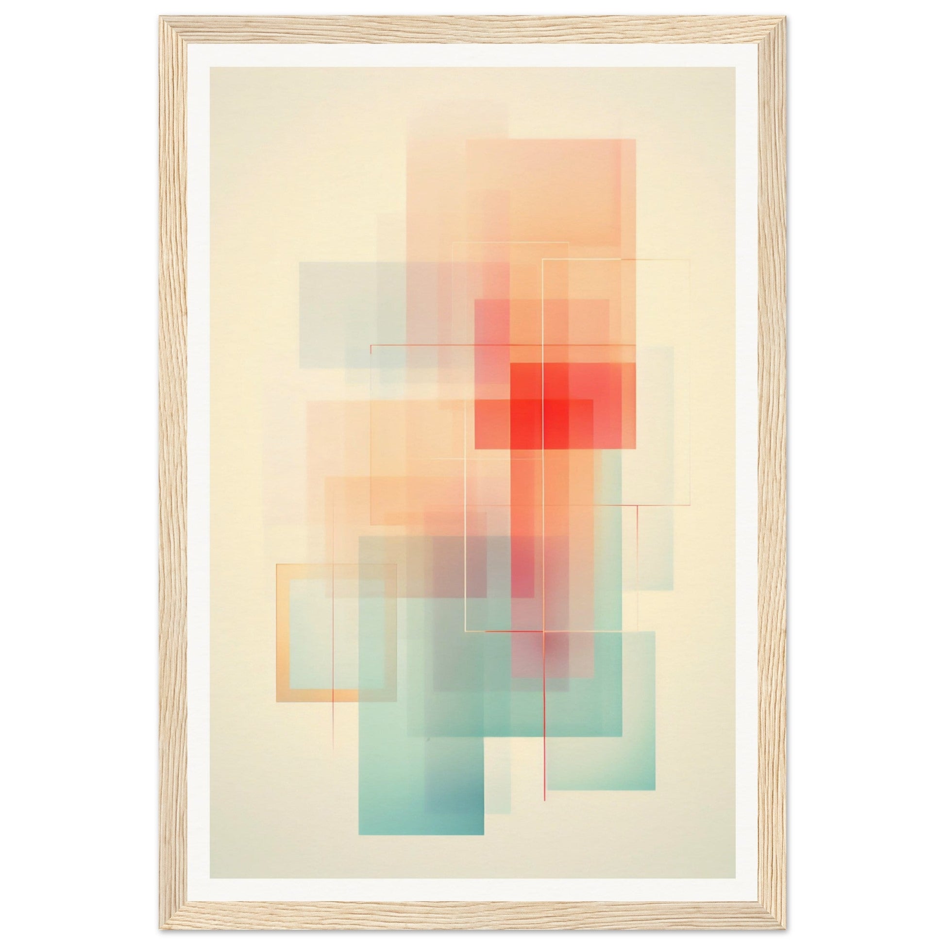 A framed Abstract Geometry I The Oracle Windows™ Collection wall art poster with red, orange and blue squares.