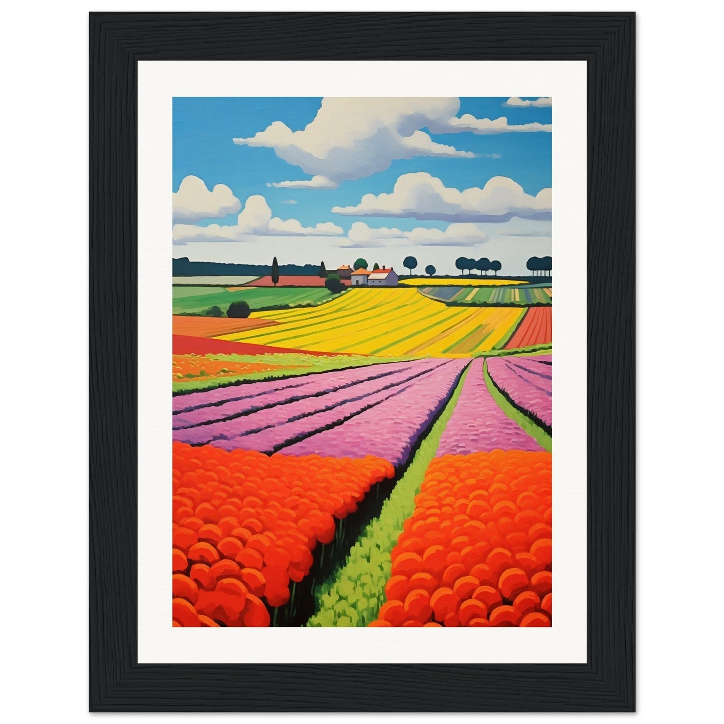 Colorful landscape painting of flower fields with vibrant stripes of yellow, pink, and orange blooms.