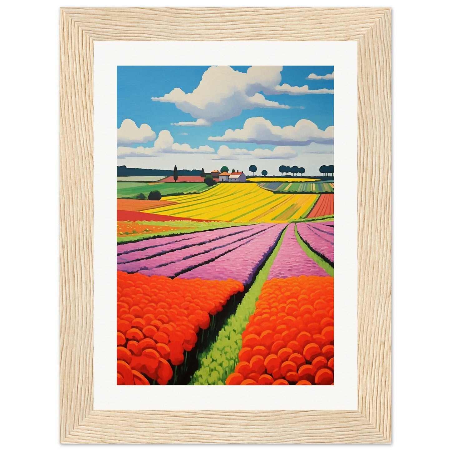 Colorful landscape painting of flower fields framed in light wood.