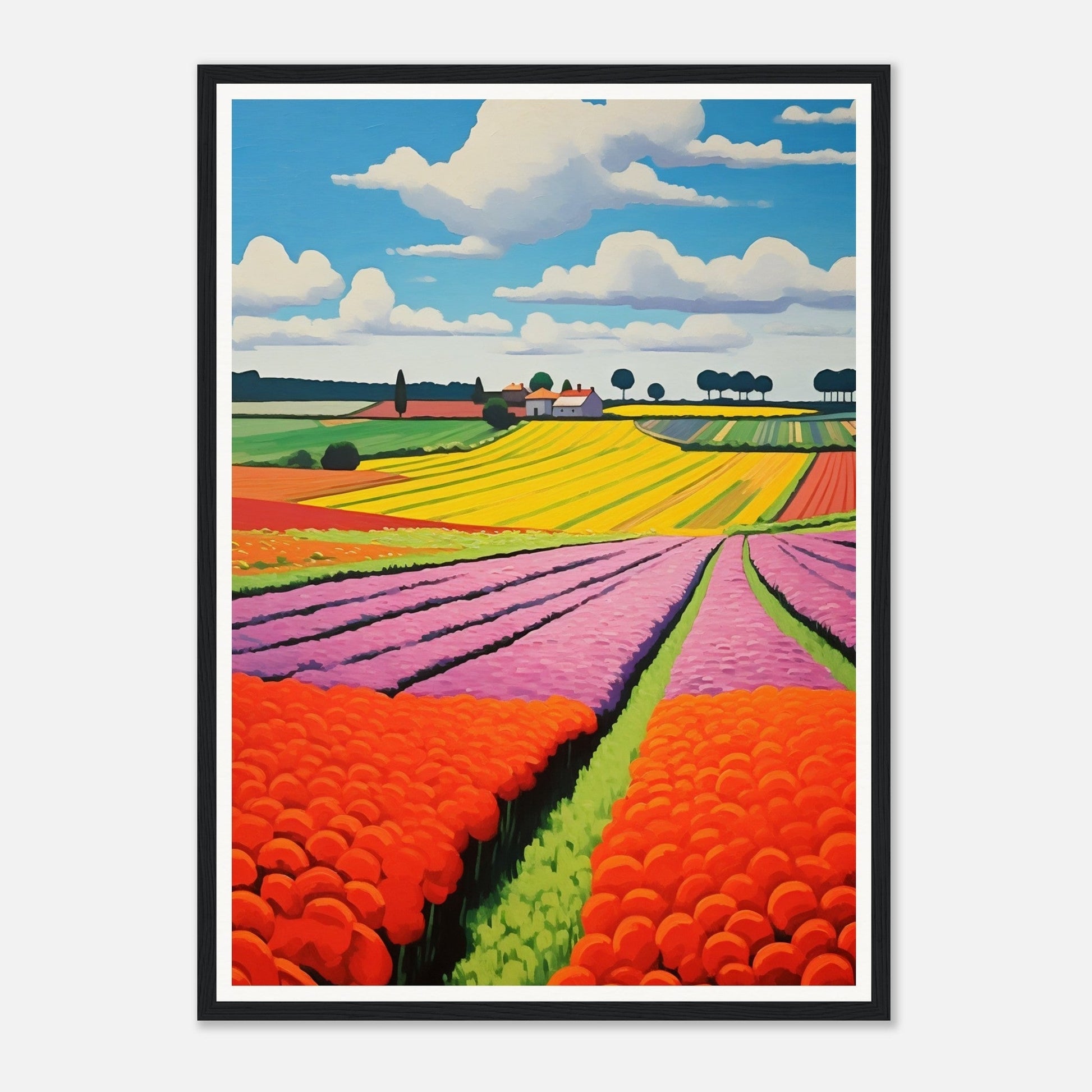 Colorful landscape painting of flower fields with vibrant stripes of different crops.