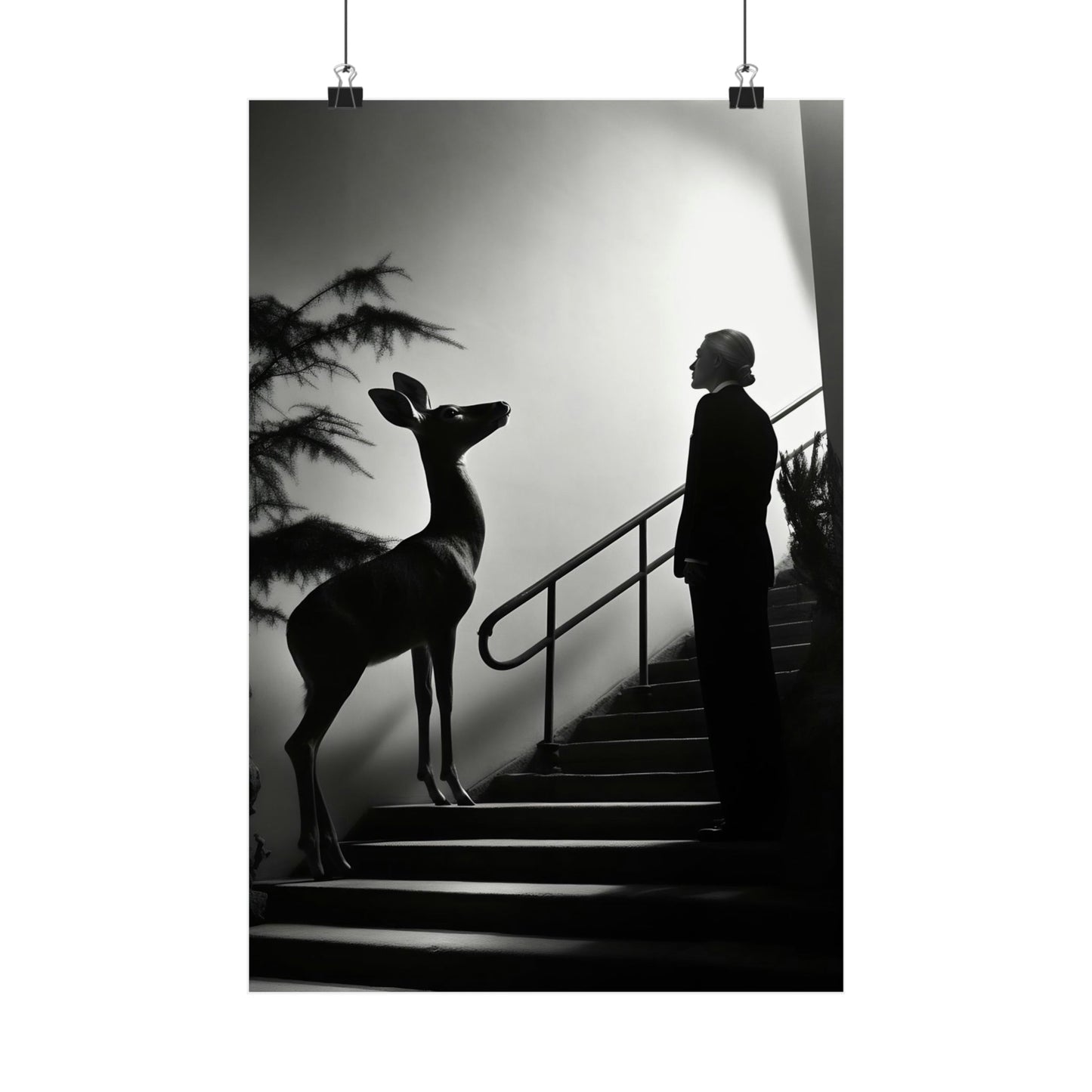 Silhouette of a person and a deer standing on stairs.