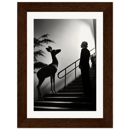 Silhouette of a person and a deer-like animal on stairs.