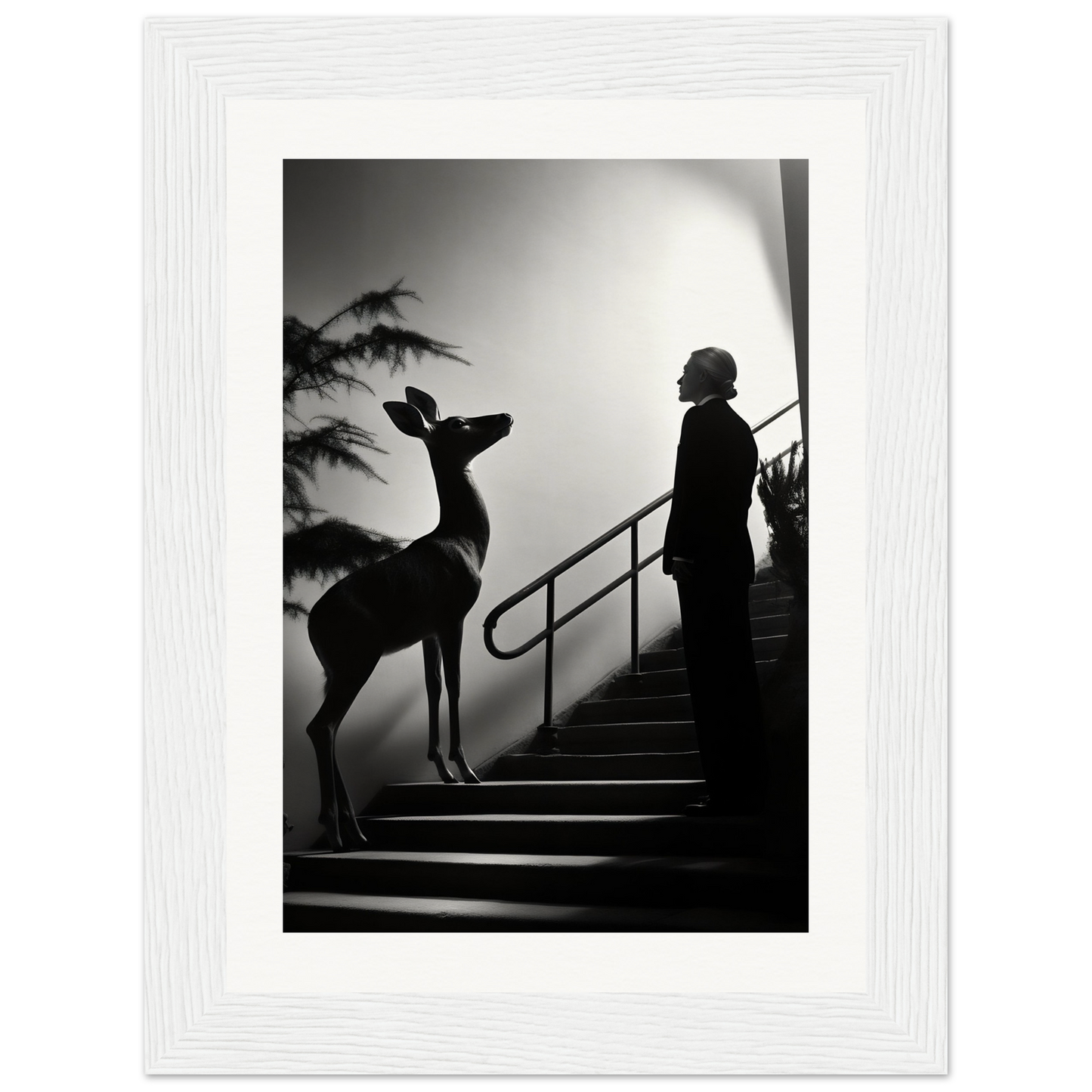 Silhouette of a deer standing on stairs next to a human figure.