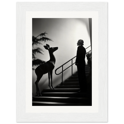 Silhouette of a deer standing on stairs next to a human figure.