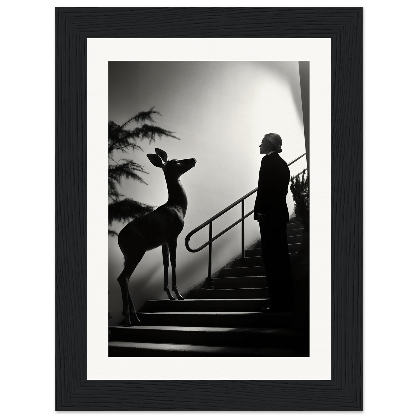 A man in a suit standing next to a deer on the stairs, perfect for The Runway The Oracle Windows™ Collection wall art poster for my wall.