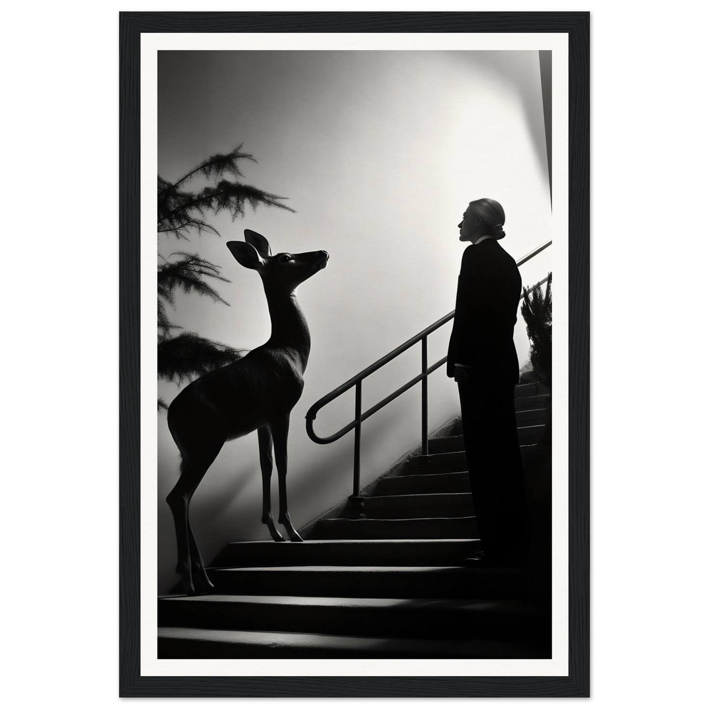 Silhouette of a deer and a person standing on stairs.