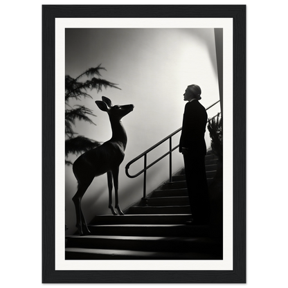 Silhouette of a deer and a person standing on stairs.