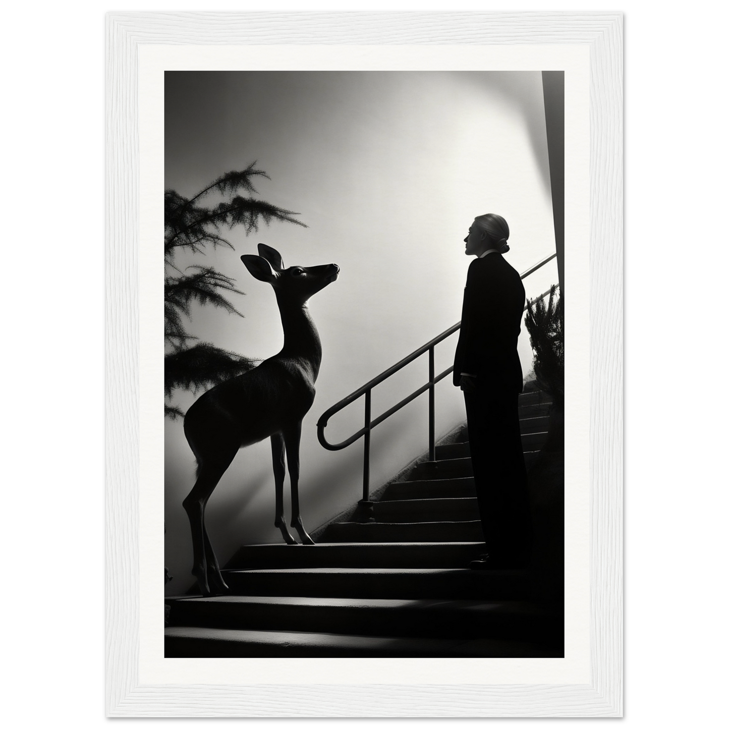 Silhouette of a deer standing on stairs next to a human figure.