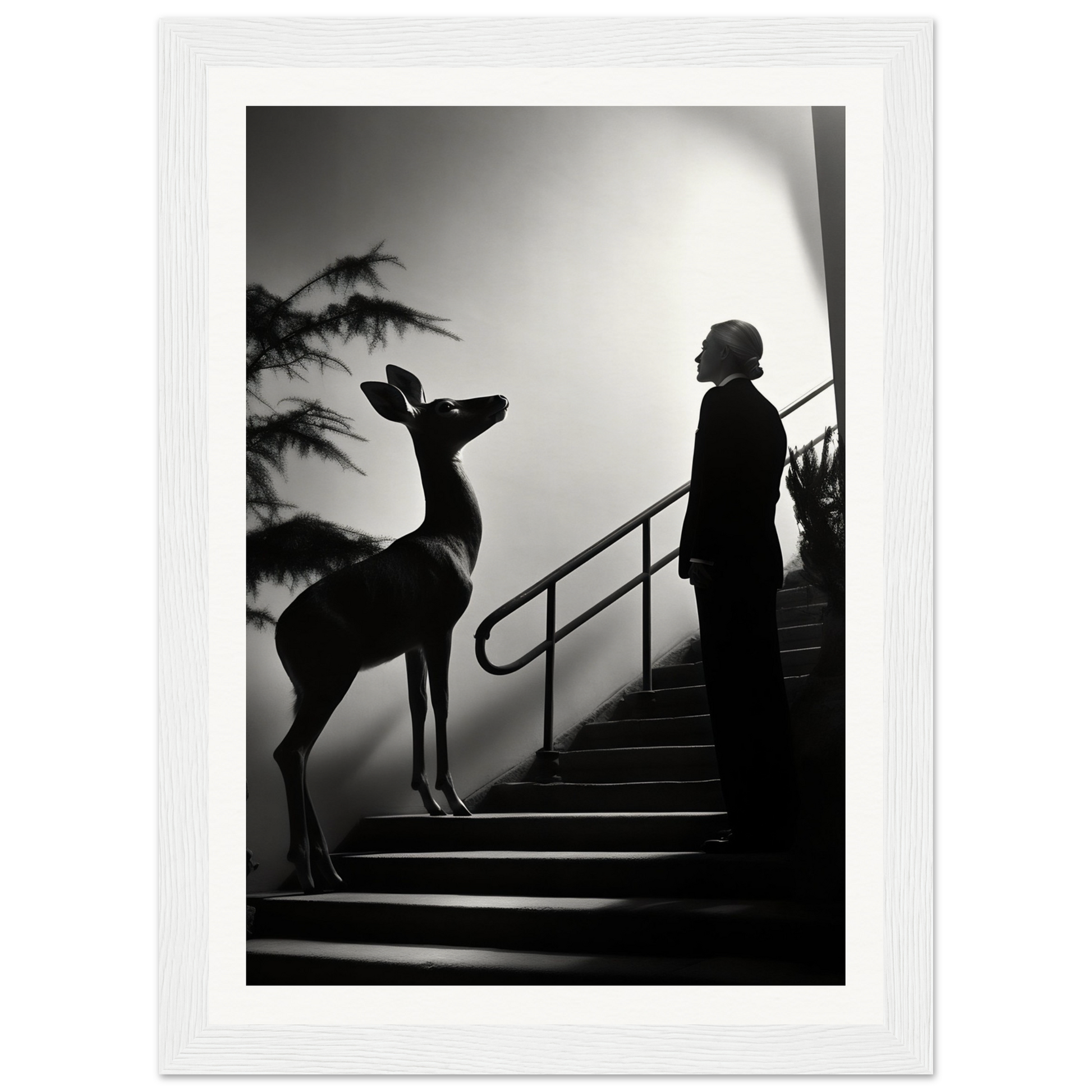 A man in a suit standing next to a deer on the stairs, perfect for The Runway The Oracle Windows™ Collection wall art poster for my wall.