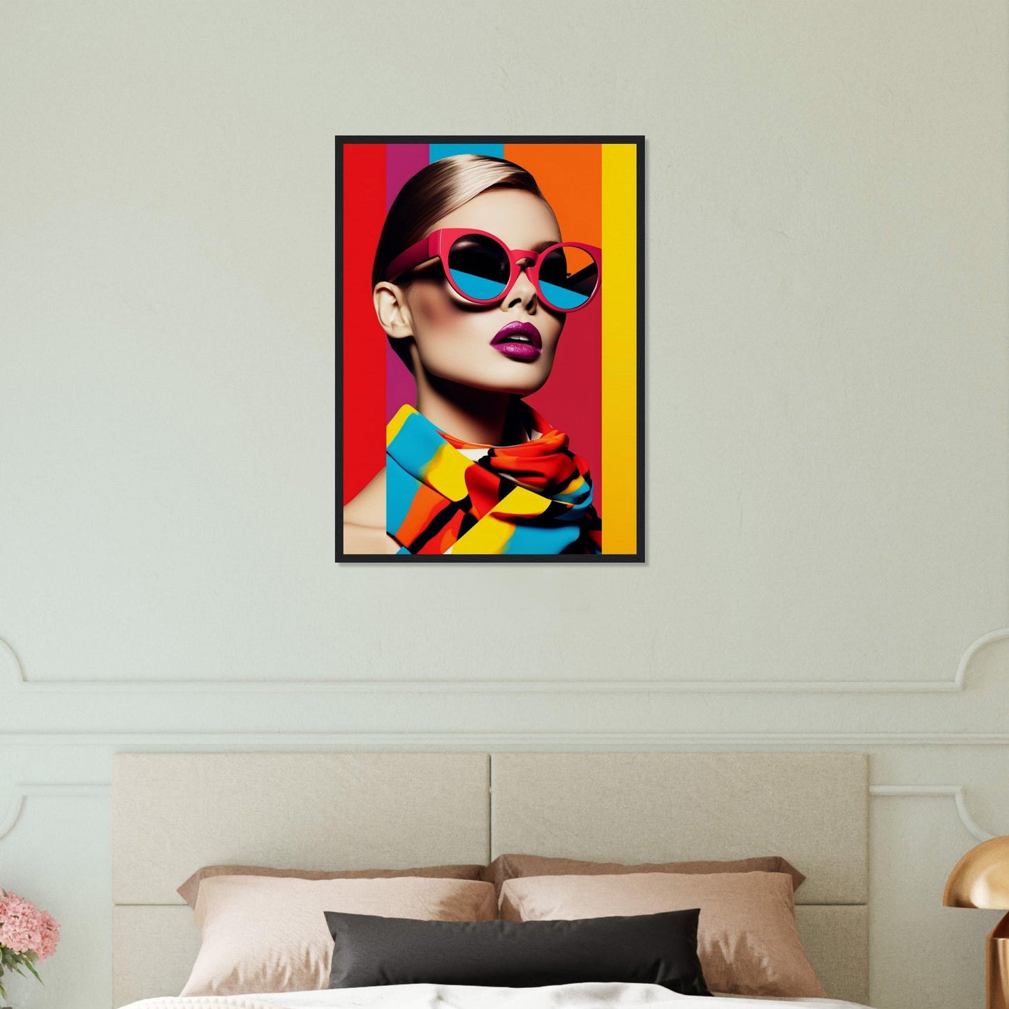 Colorful pop art-style portrait of a person wearing vibrant sunglasses and makeup.