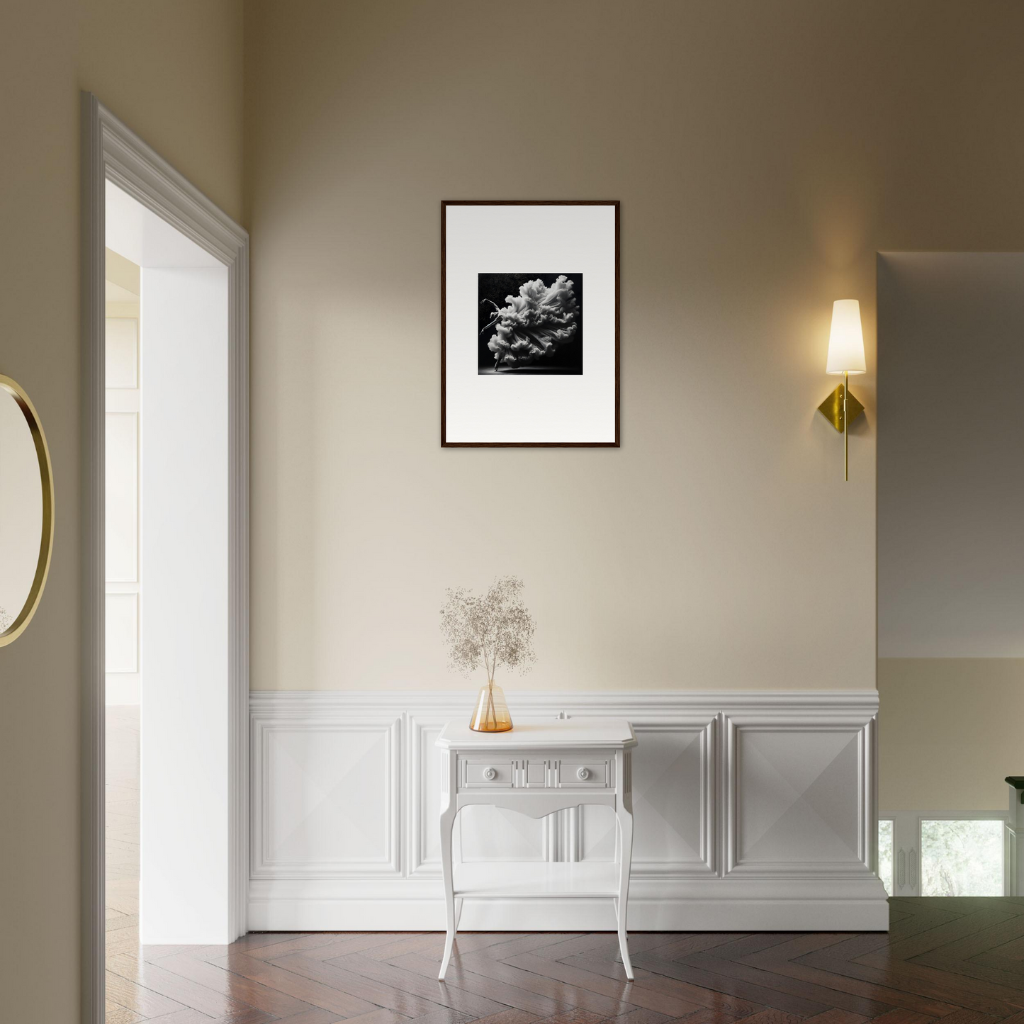 Elegant white console table with curved legs against a wall.