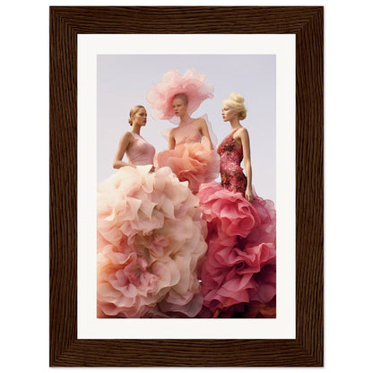 Framed artwork depicting three stylized female figures wearing elaborate floral-inspired gowns in shades of pink.