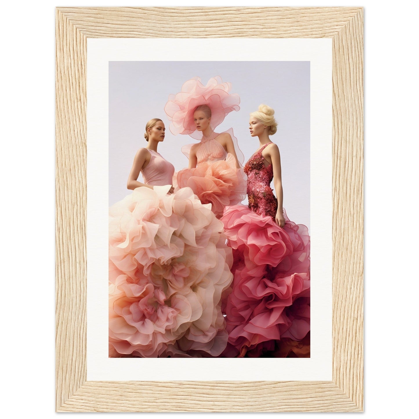 Framed artwork depicting three feminine figures in flowing, floral-inspired gowns.