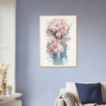 Framed artwork depicting a dreamy, ethereal female figure with floral elements in soft pastel colors.