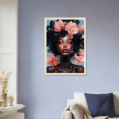 Framed portrait of a person with flowers adorning their hair and surrounding them.