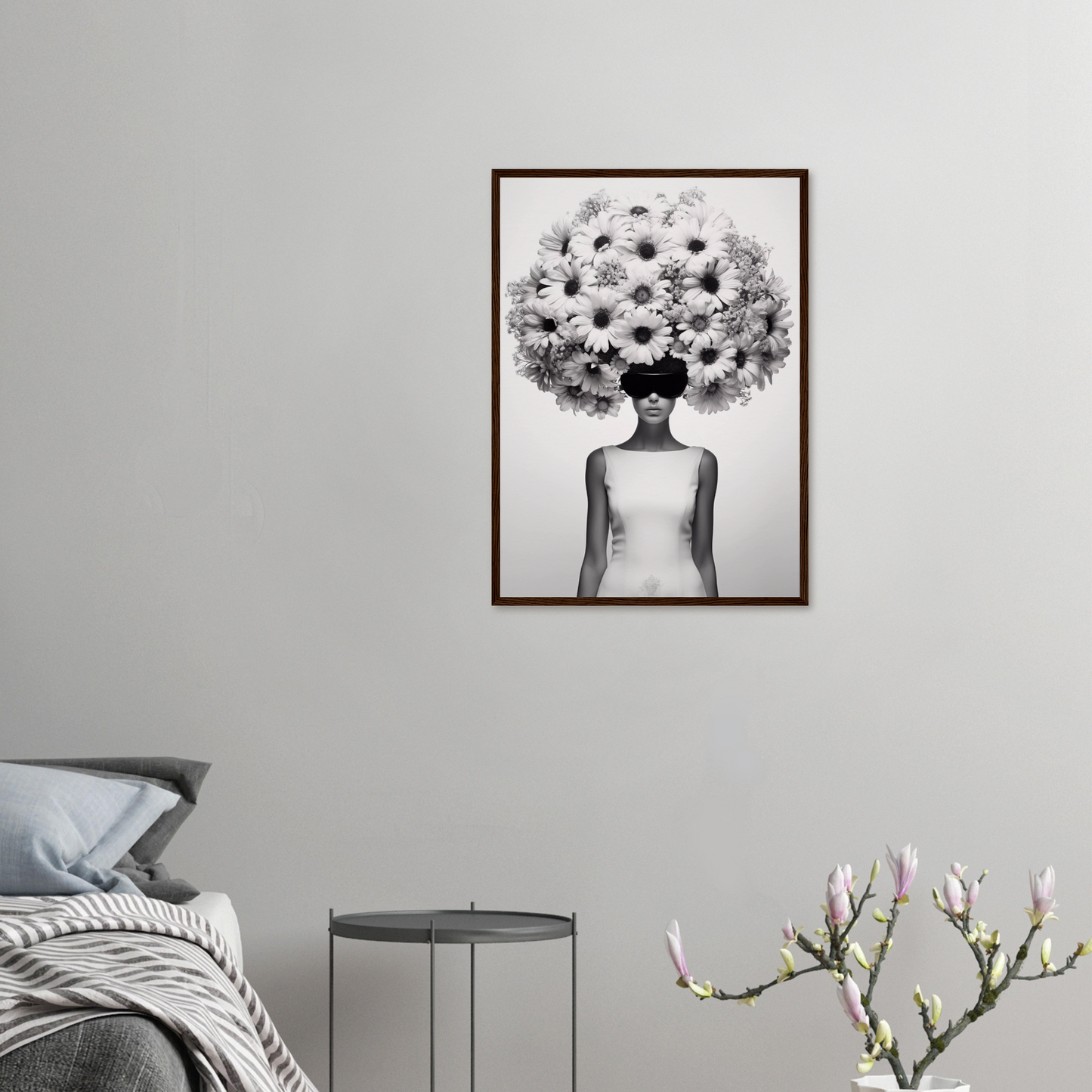 A high quality Afro Flower Power The Oracle Windows™ Collection of a woman with flowers on her head, perfect to transform your space into fashionable wall art.