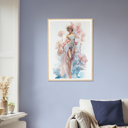 Framed watercolor painting of a graceful female figure in soft pastel hues.