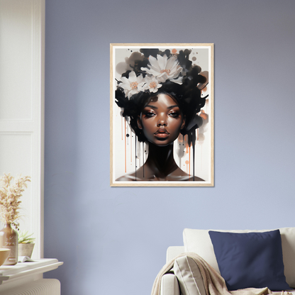 Framed portrait painting of a person with flowers in their hair.