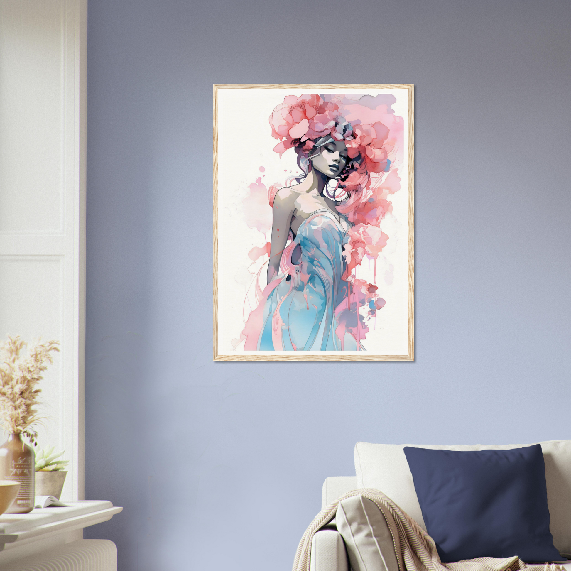 Framed artwork depicting a woman with pink floral elements in a watercolor style.