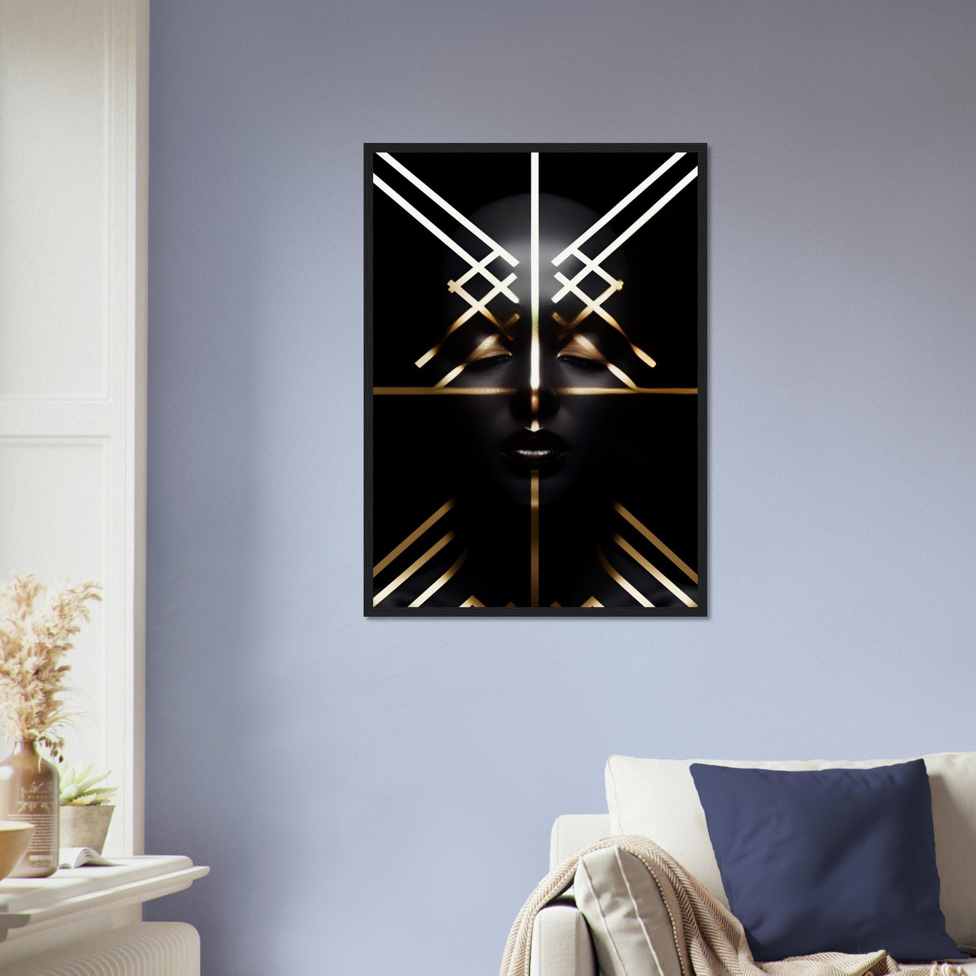 Abstract geometric wall art featuring intersecting white and gold lines on a black background.