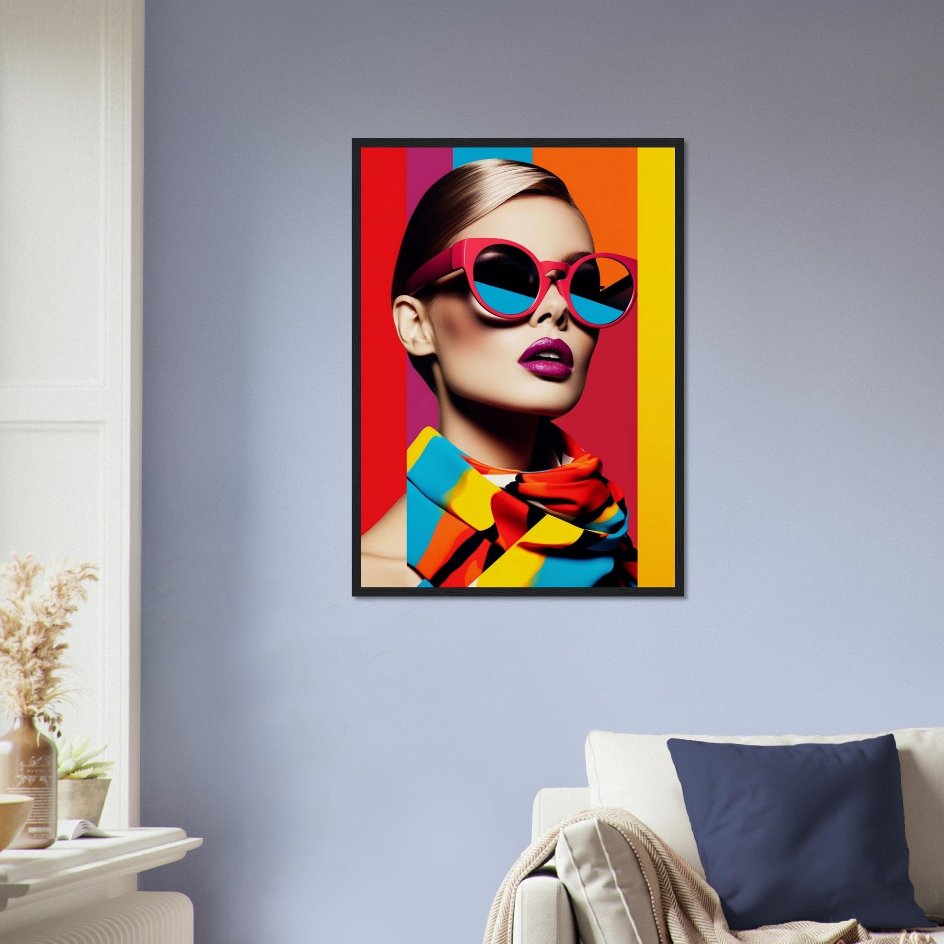 Colorful pop art-style portrait of a person wearing vibrant sunglasses and lipstick.