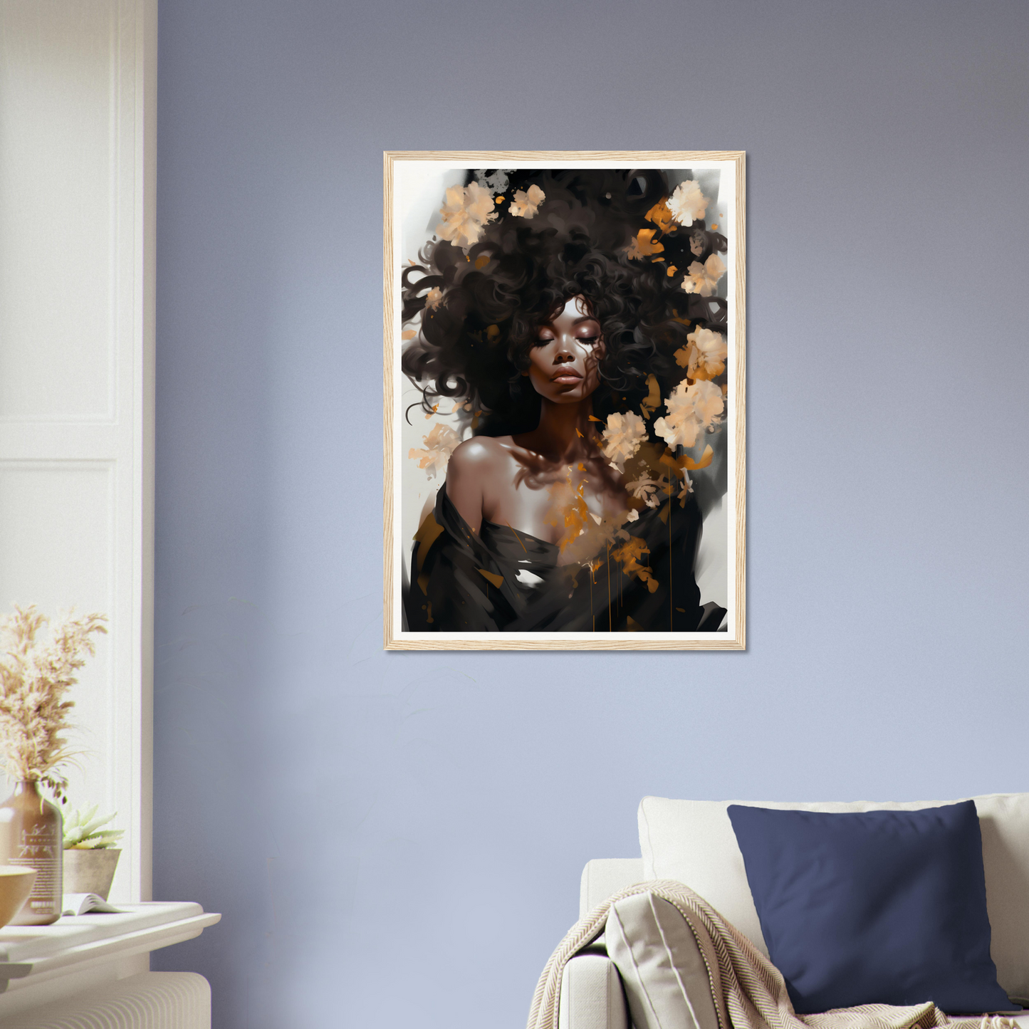 Framed portrait of a woman with voluminous, dark curly hair adorned with floral elements.