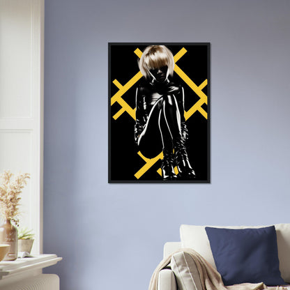 Framed artwork featuring a silhouetted figure against yellow crossed lines on a black background.