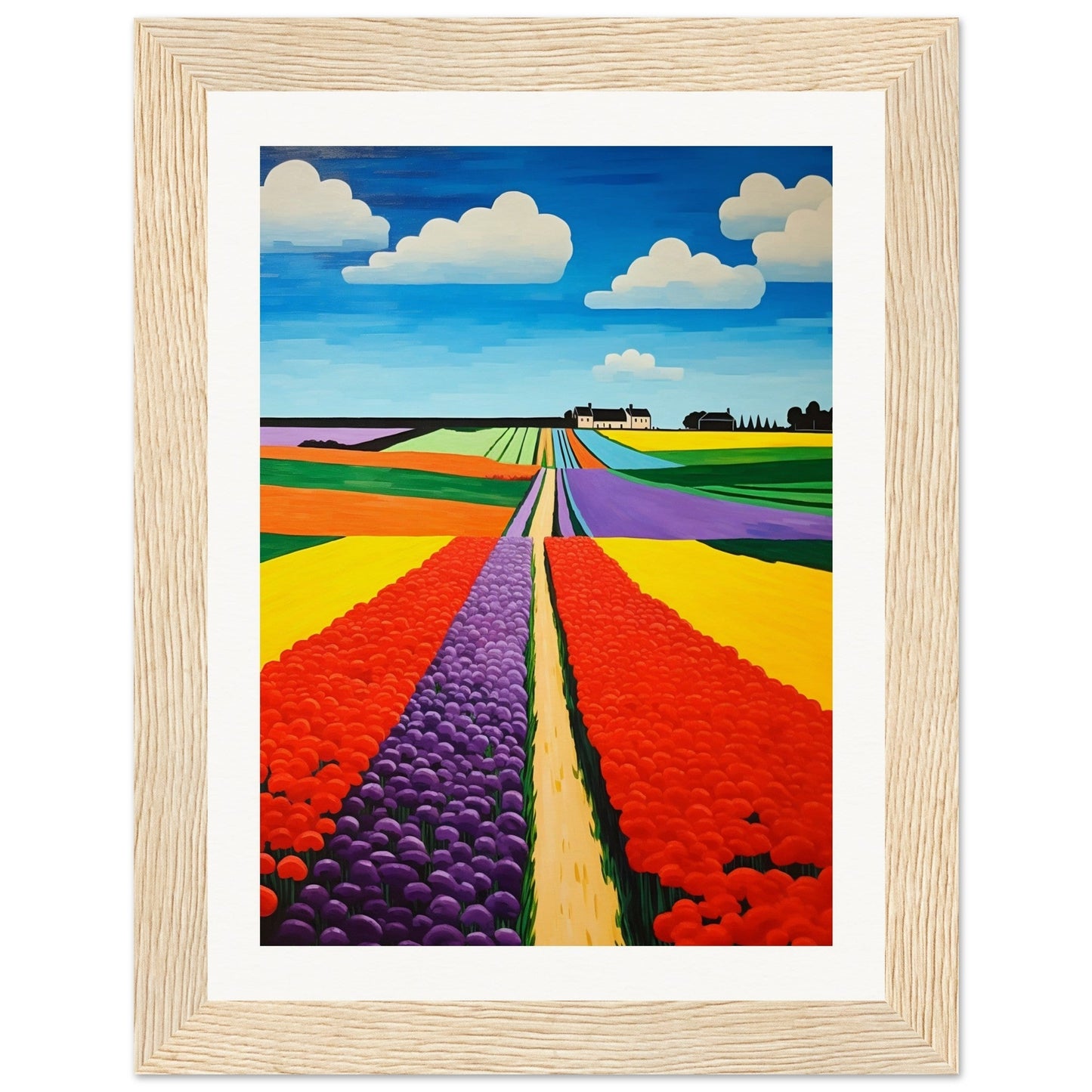 Colorful painting of tulip fields stretching towards the horizon under a blue sky with white clouds.