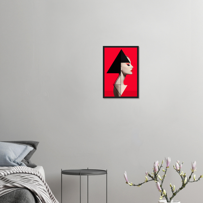 Framed artwork featuring a stylized profile portrait with a geometric black triangle shape atop a red background.