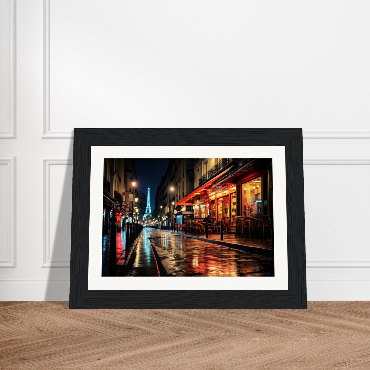 Framed photograph of a rainy Parisian street at night, featuring the illuminated Eiffel Tower in the distance.