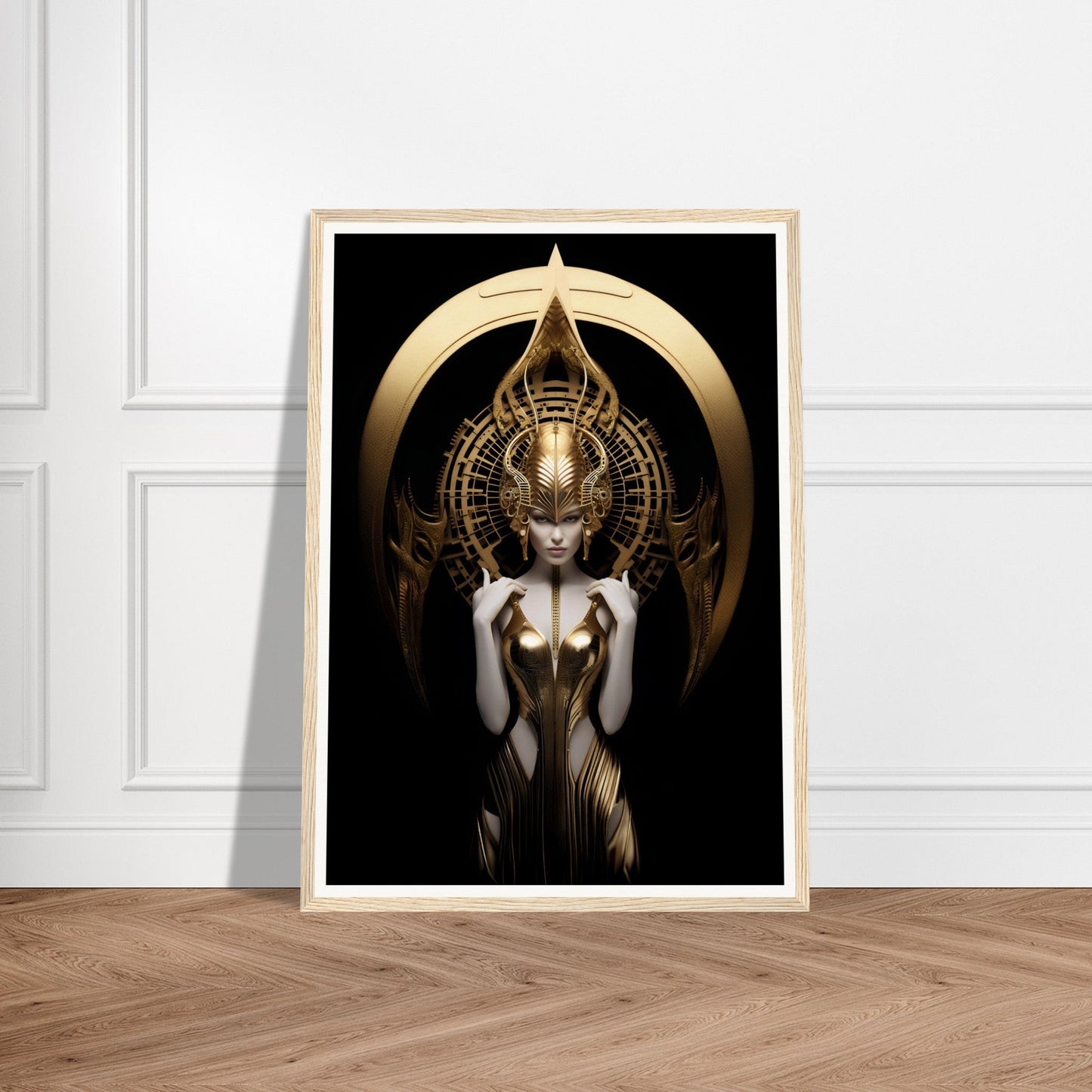 An image of a woman with the Art Deco Gold Goddess The Oracle Windows™ Collection headdress on a black background, perfect to transform your space into high quality fashion wall art.